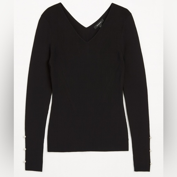 NWT Ann Taylor Black V-Neck Sweater Pearl Sleeve Detail Size Large - Picture 1 of 7